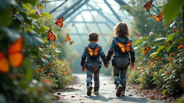 Ein Blick auf die Mobilität: Kinder gehen mit Hilfe von Robotern unter Schmetterlingen